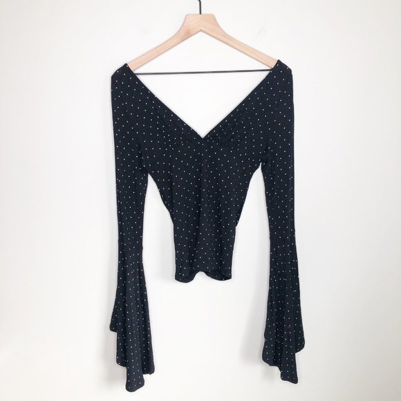 Free People What A Babe Top Long Flare Bell Sleeves Ruching Boho 70s Funky Retro - Picture 8 of 12